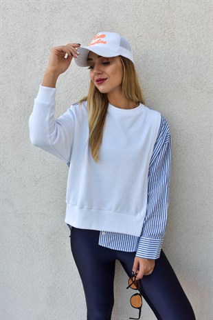 Gömlek Detaylı Beyaz Sweatshirt