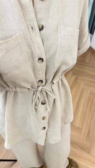 Zeo Kısa Kol Bel Büzgülü Keten Takım