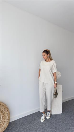 Nujo Kısa Kollu Bej Keten Takım