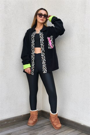 Leopar Detaylı Polar Ceket