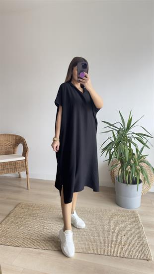 Oversize Siyah Kapüşonlu Elbise 