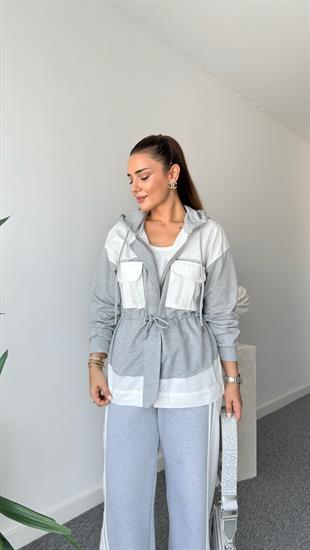 Josie Tws Model Gri Beyaz Kapüşonlu Ceket