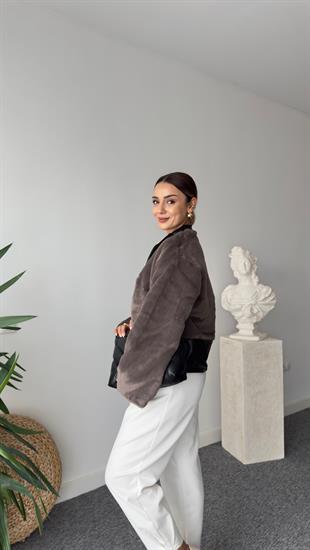 Alina Deri Detaylı Astarlı Vizon Peluş Ceket