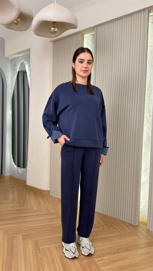 Lacivert Kolları Büzgü Ekose Detay Modal Takım