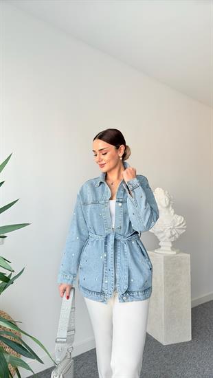 Matin Zımbalı Kuşak Detaylı Jean Ceket