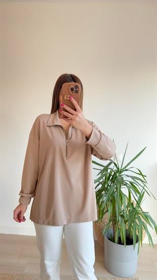Bej Fermuarlı Mevsimlik Modal Sweat