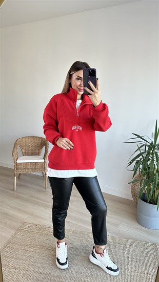Yarım Fermuar Nakış Yazılı Kırmızı Sweat