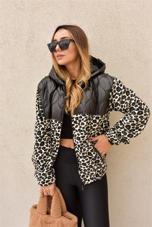 Kapitone Leopar Desen İnce Mont