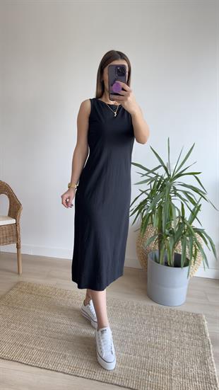 Woven Kolsuz Siyah Basic Elbise 