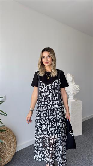 Tws Model Yazı Detaylı İkili Siyah Elbise