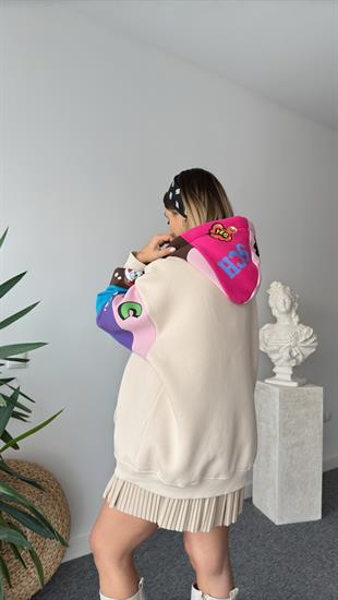 Muril Renkli Baskılı Salaş Bej Sweatshirt 