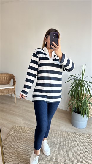 Polo Yaka Kalın Çizgili Basic Sweat