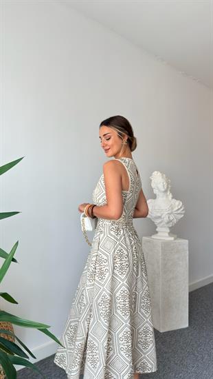 Kahve Keten Üzeri Desenli Etekli Takım 