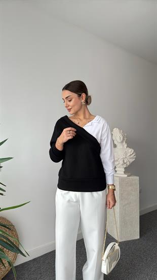 Yaka Yazılı Gömlek Detaylı Siyah Triko