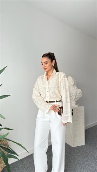 Mengo Bej Nakışlı Gömlek