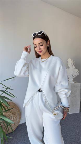 Beyaz V Taş Detaylı Sweatshirt