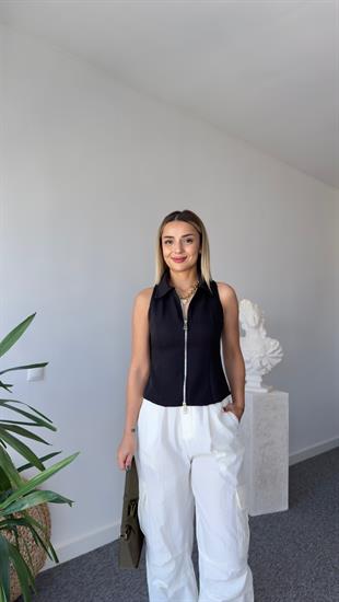 Çift Fermuarlı Siyah Yelek