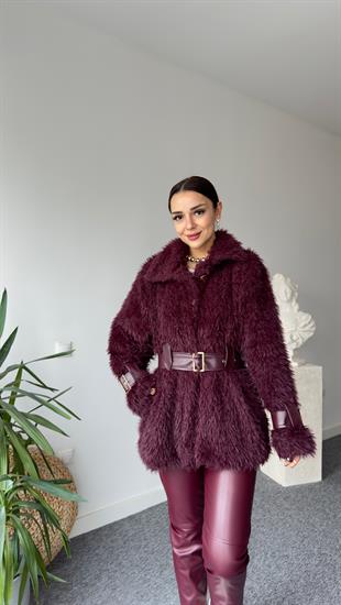 Premıum Deri Detaylı Bordo Peluş Mont 