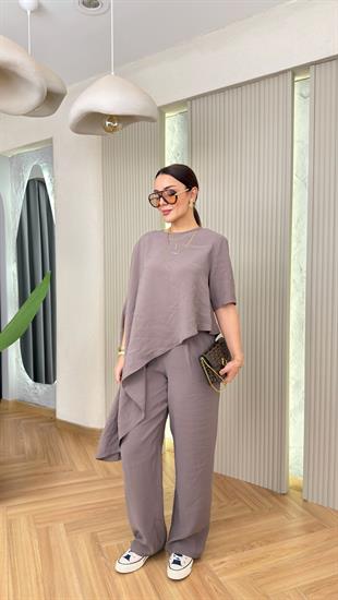 Vizon Pella Asimetrik Bluz Pantolon Takım
