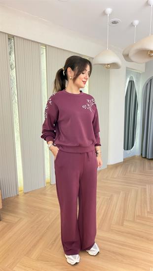Bordo Rebore Taş Detaylı Modal Takım
