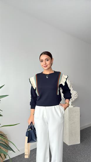Triko Fırfır Detaylı Lacivert Modal Sweat