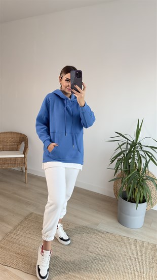 Yanları Çıtçıtlı Mavi Basic Sweat