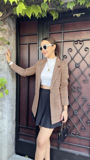 Tek Düğme Kahve Ekose Blazer Ceket