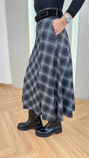 Siyah Orne Zra Model Kemerli Ekose Etek