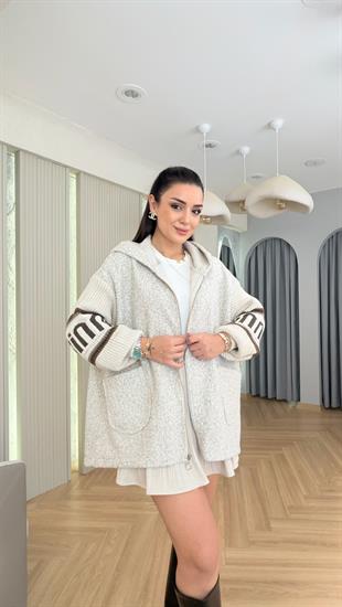 Bej Kol Triko Detaylı Buklet Ceket 