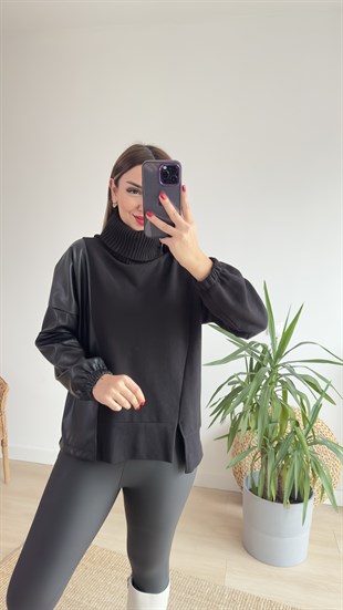 Boğazlı Deri Detay Siyah Kazak