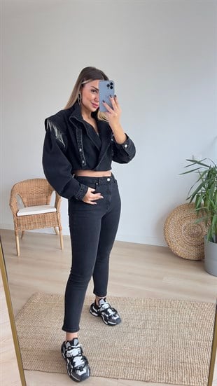 Yıkamalı Antrasit Boyfit Jean