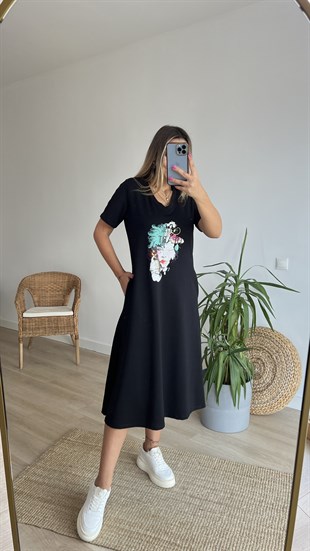 Kız Baskı Detaylı V Yaka Elbise