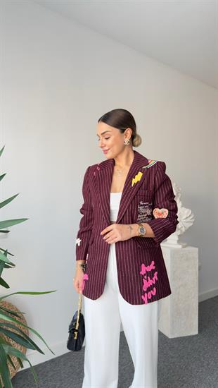 Bordo Jovena Nakış Detaylı Tasarım Kaşe Blazer