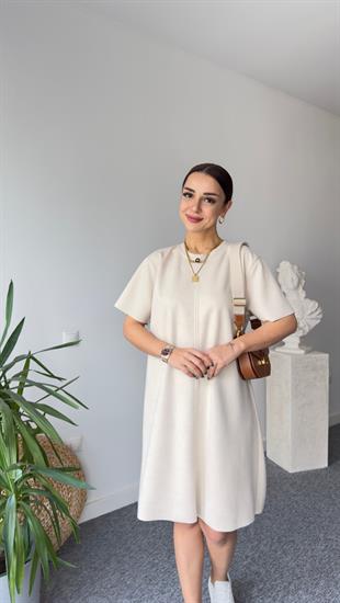Krem Süet Basic Elbise