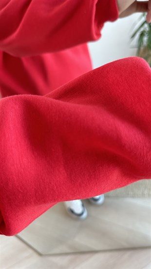 Yarım Fermuar Nakış Yazılı Kırmızı Sweat