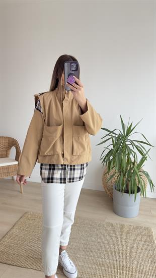 Ekose Detaylı Camel Ceket