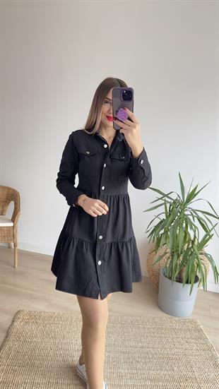 Volanlı Siyah Denim Elbise 