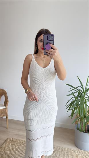 Askılı Beyaz Örme Elbise