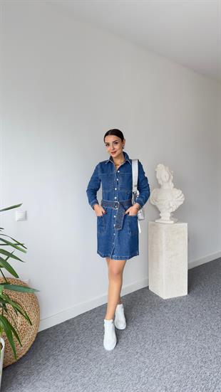 Orj Marka Alpa Kemerli Denim Elbise 