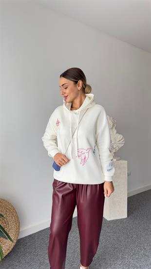 Renkli Nakışlı Beyaz Sweatshirt