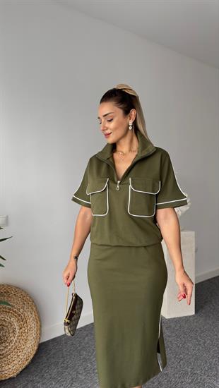 Biyeli Fermuar Cep Detay Haki Takım