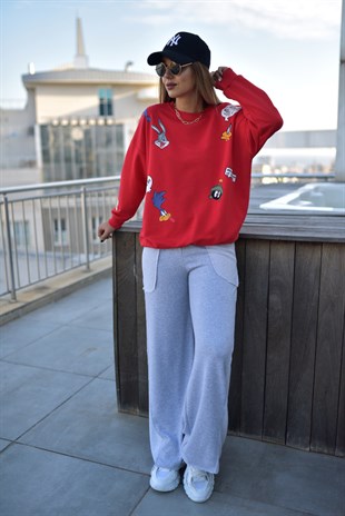 Karakter Baskılı Kırmızı Sweatshirt