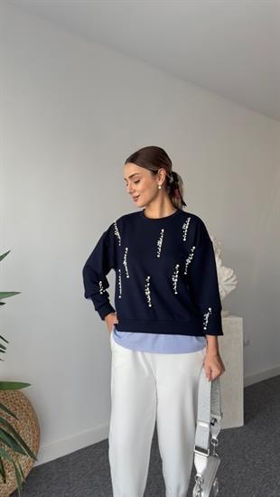 İnci Detaylı Sırt Poplin Lacivert Modal Sweat