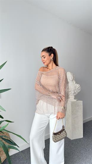 Bej Kayık Yaka Yarasa Kol File Bluz