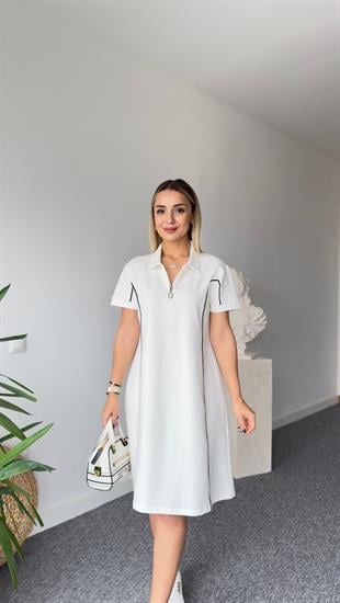 Çapraz Biyeli Beyaz İki İplik Elbise