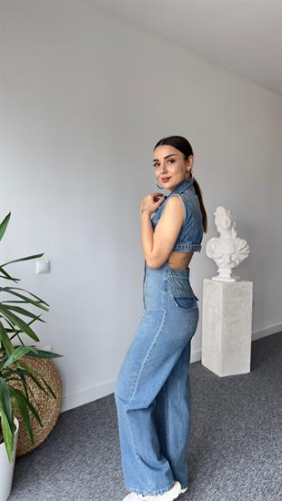 Sırt Dekolte Düğmeli Jean Tulum
