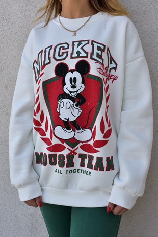 Mickey Mouse Baskı Beyaz Sweat