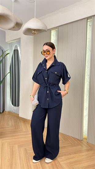 Lacivert Verba Gold Düğme Büzgülü Takım