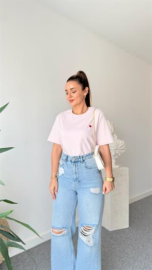Kalp İşlemeli Pembe Tshirt