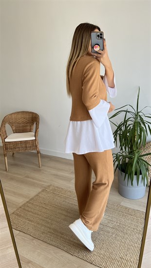 Camel Gömlek Detaylı Bluz Pantolon Takım